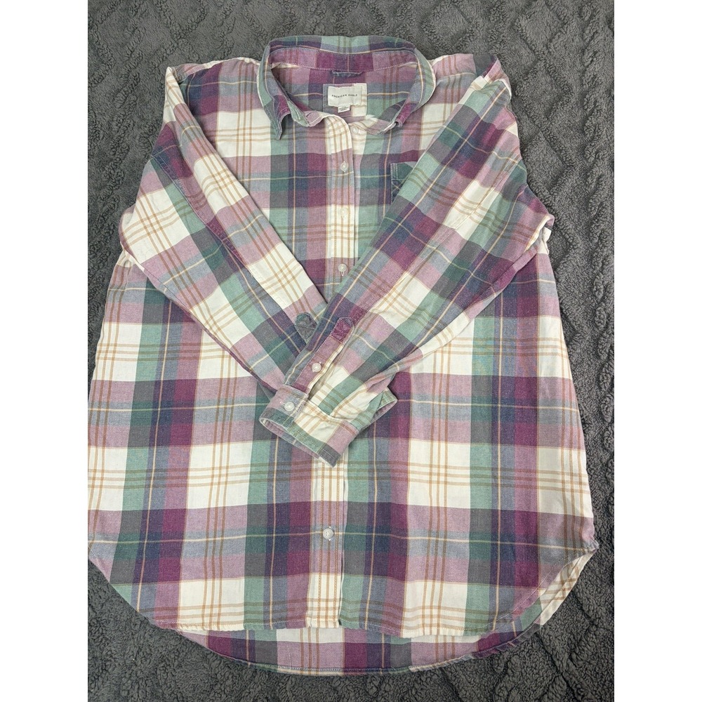 American Eagle Women's Boyfriend Fit Plaid Button-Down Shirt Brown Blue L